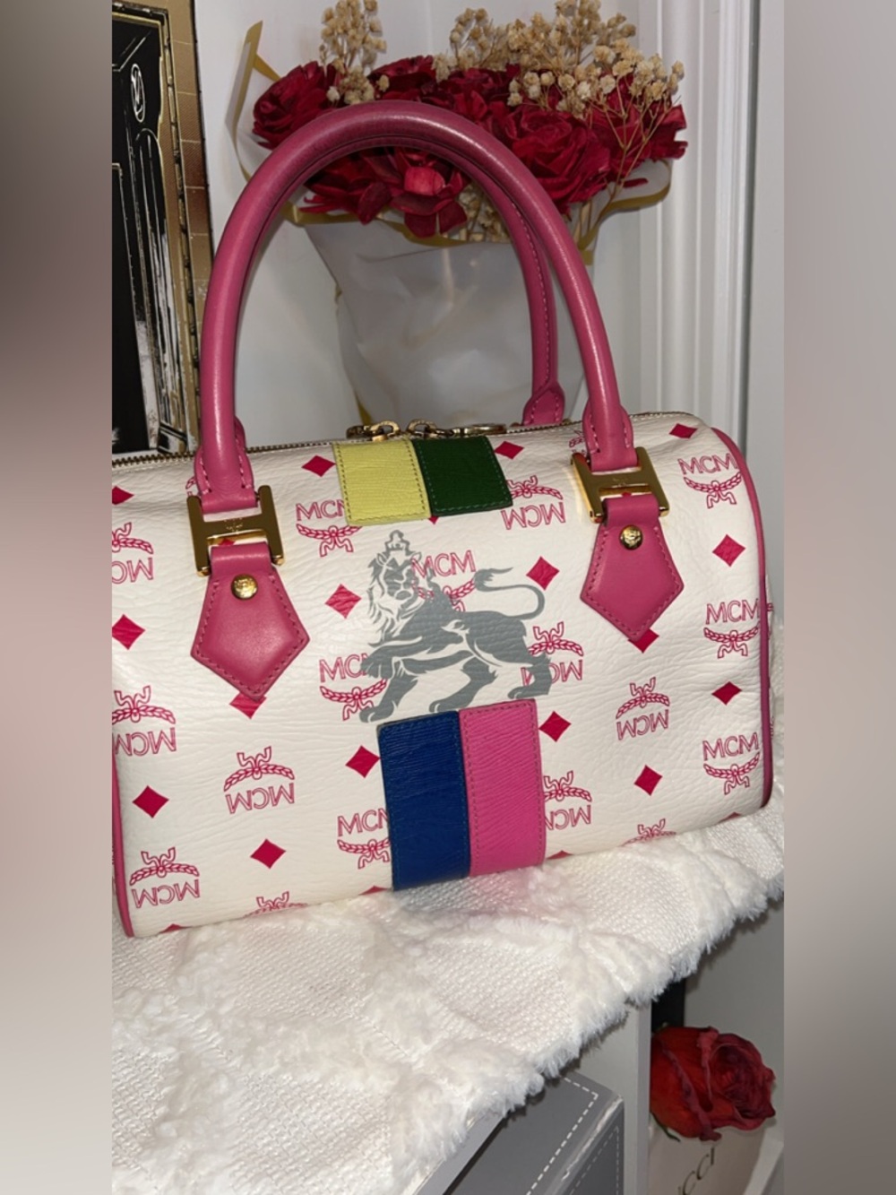 MCM White Multicolor Logo Satchel with Pink Trim